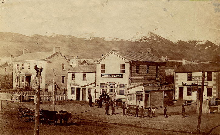 East side of Main Street, Salt Lake City, Utah
with telegraph office, ca. 1862