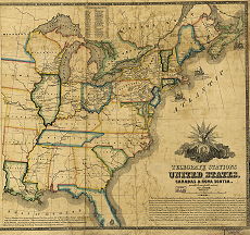 Map showing the telegraph lines
 and stations in the U. S. as of 1853.